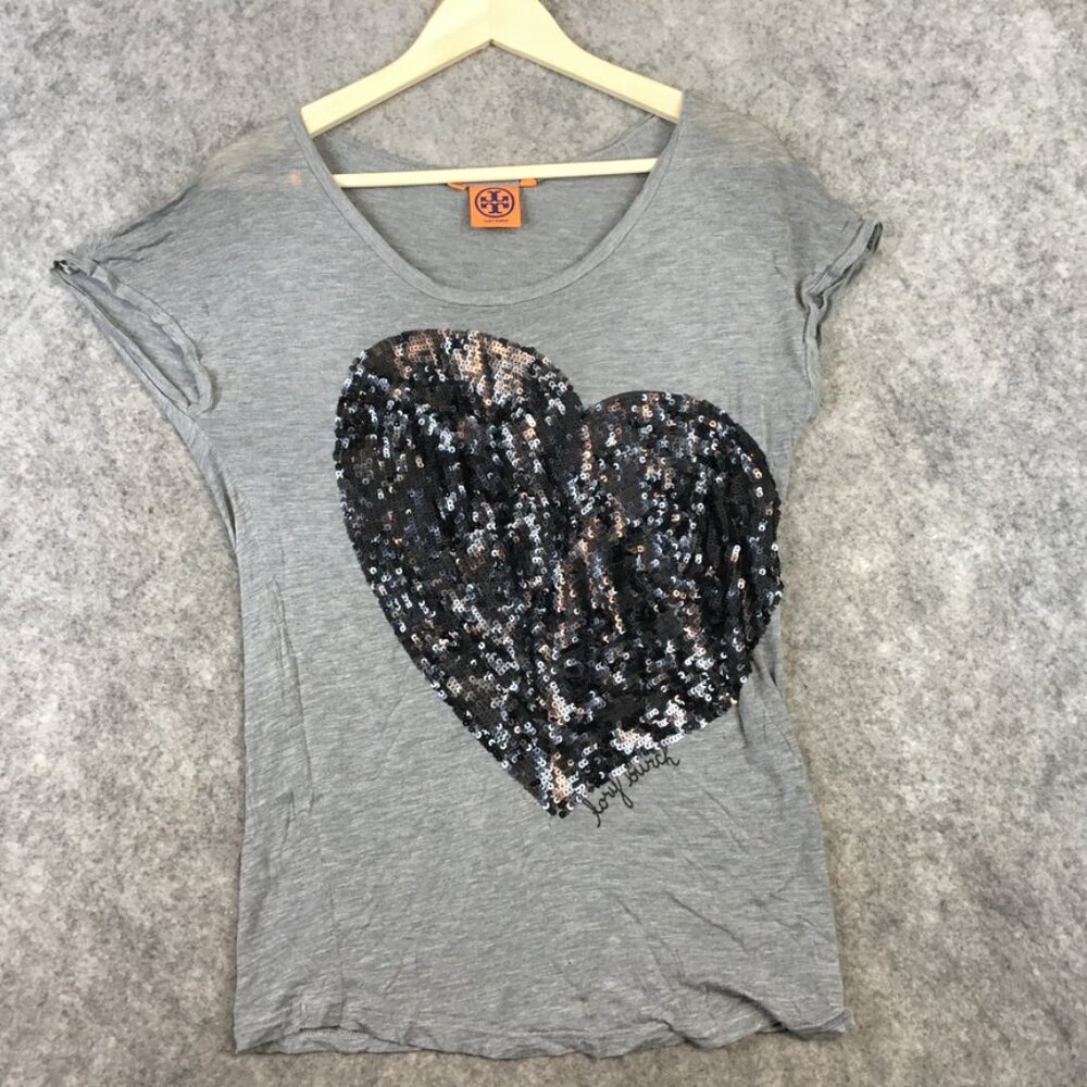Tory Burch Top XS Short Sleeve T Shirt Sequin Heart Embellished Burn Out Knit